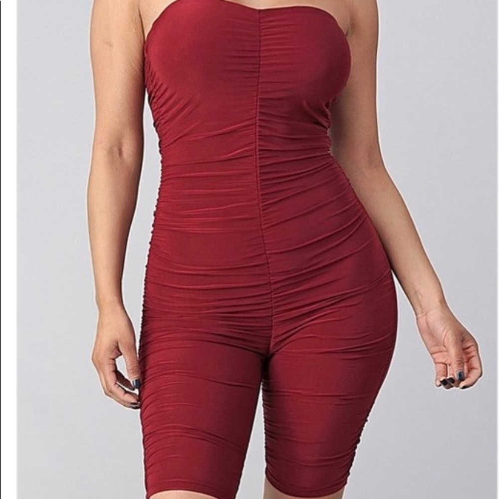 Burgundy ruched biker short romper